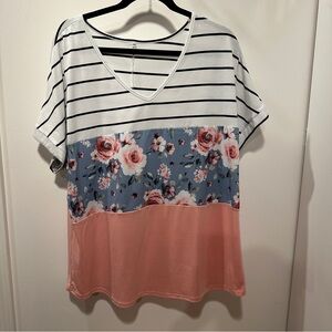 Pink, White and Floral Short Sleeve Top 2XL